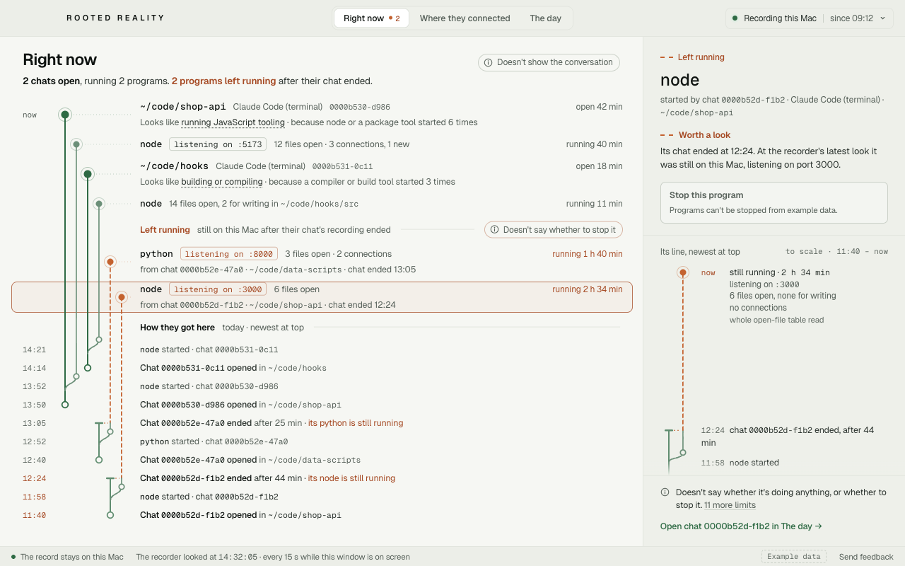 Rooted Reality's Right now view with two example chats and two example programs left running.
