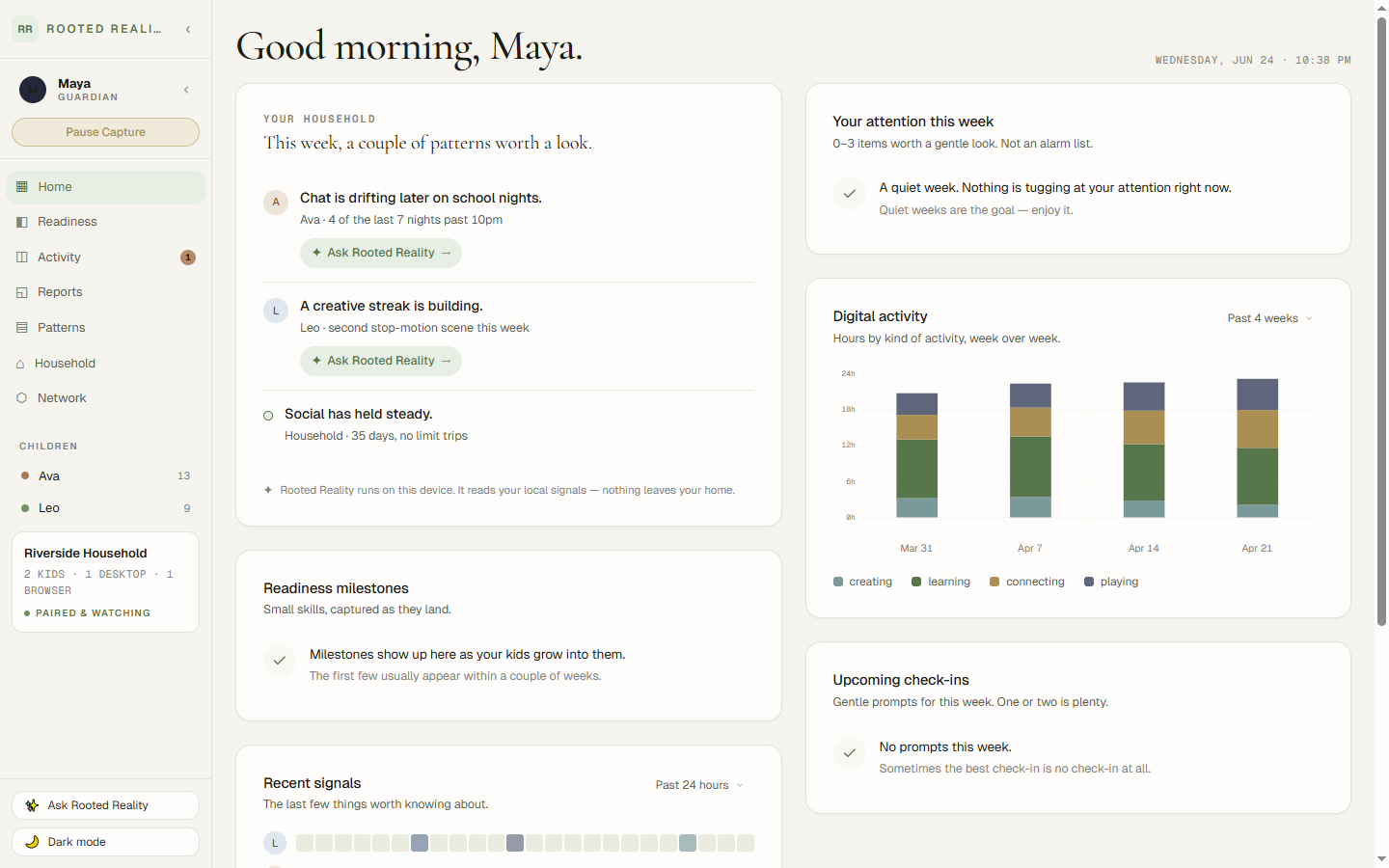 The Rooted Reality desktop app, Home tab: a calm 'Good morning, Maya' summary — this week's patterns with the evidence behind them, a private 'Ask Rooted Reality' advisor, and a digital-activity chart by kind of activity.